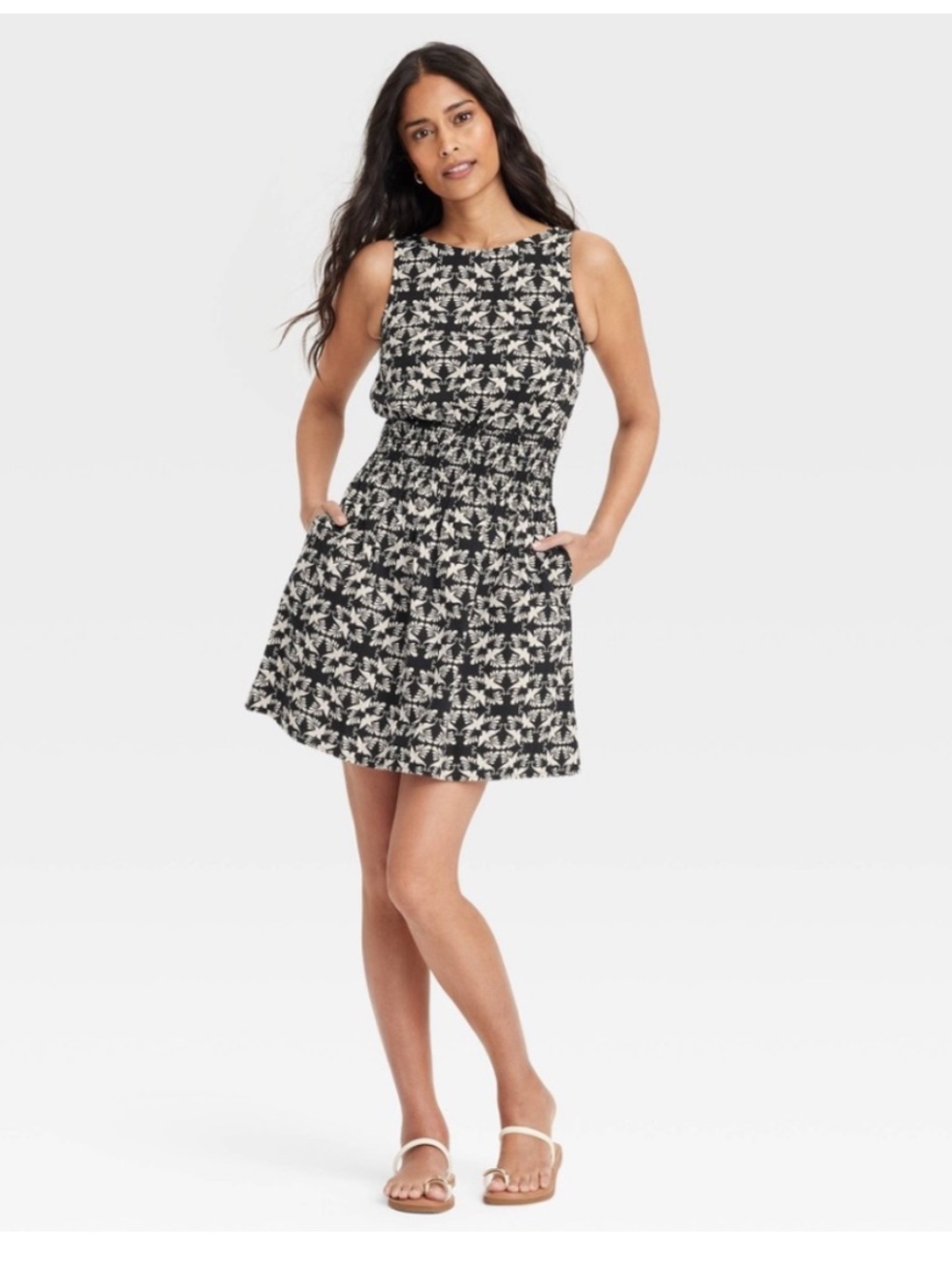 Universal Thread Black Cream Floral Smocked Waist Mini Dress Large